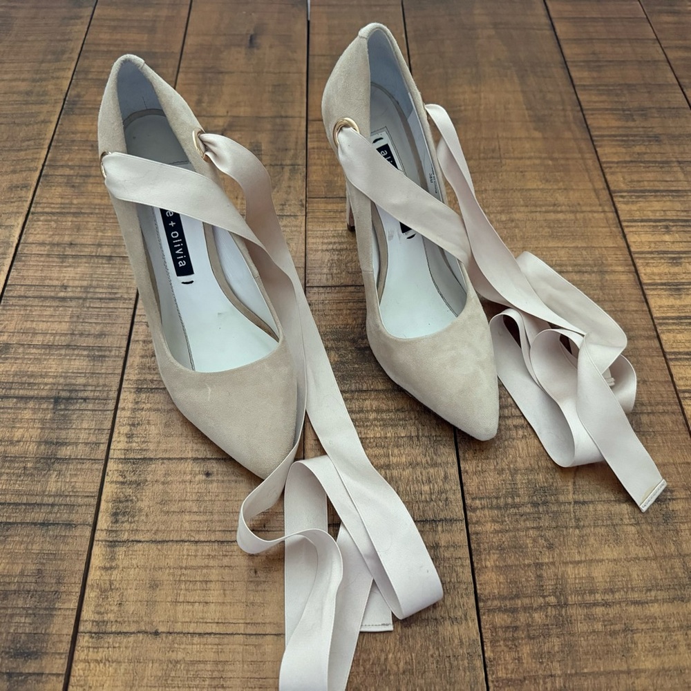Alice + Olivia Women’s Dominique Suede Heel Ribbon Ankle Wrap Beige - Size 38
